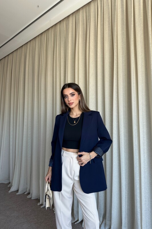 Düğmeli Astarlı Blazer Ceket - Lacivert - 4