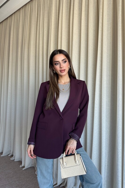 Düğmeli Astarlı Blazer Ceket - Mürdüm - 2