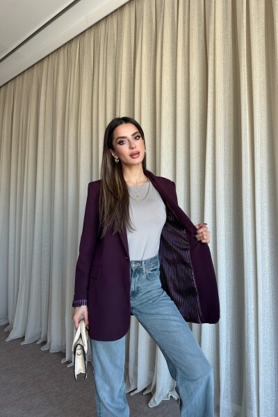 Düğmeli Astarlı Blazer Ceket - Mürdüm - 4