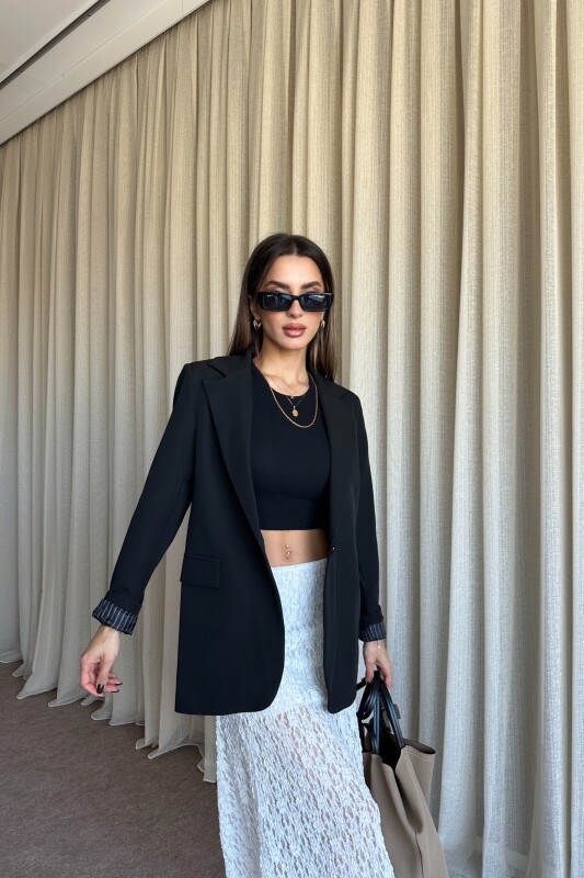 Düğmeli Astarlı Blazer Ceket - Siyah - 1