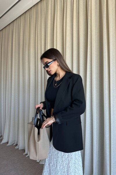 Düğmeli Astarlı Blazer Ceket - Siyah - 2