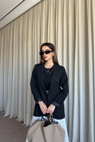 Düğmeli Astarlı Blazer Ceket - Siyah - 3