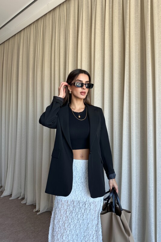 Düğmeli Astarlı Blazer Ceket - Siyah - 4