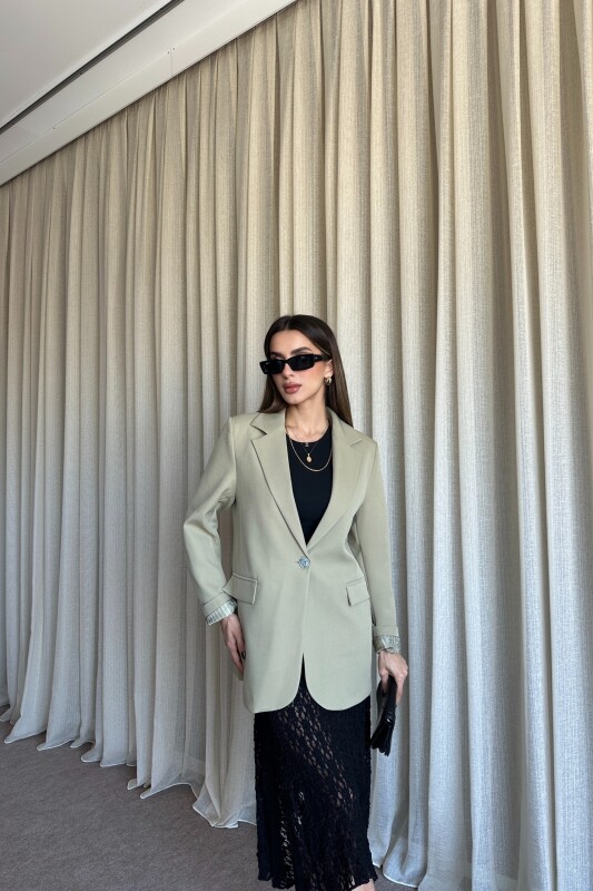 Düğmeli Astarlı Blazer Ceket - Yağ Yeşil - 2