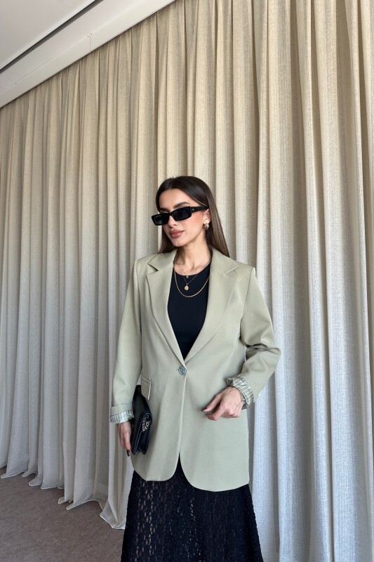 Düğmeli Astarlı Blazer Ceket - Yağ Yeşil - 3