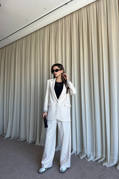 Düğmeli Blazer Ceket Palazzo Pantolon Takım - Bej - MAT Collection