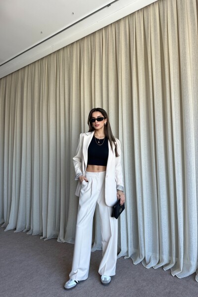 Düğmeli Blazer Ceket Palazzo Pantolon Takım - Bej - 2