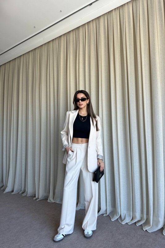 Düğmeli Blazer Ceket Palazzo Pantolon Takım - Bej - 2