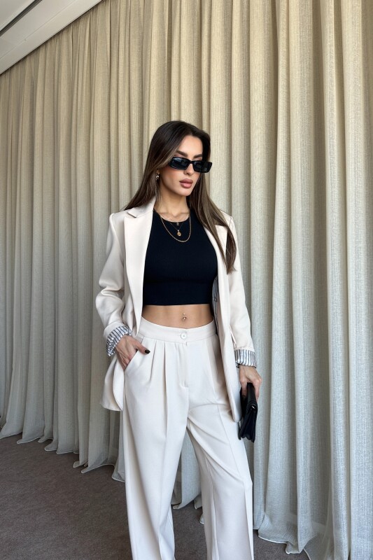 Düğmeli Blazer Ceket Palazzo Pantolon Takım - Bej - 3