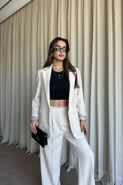 Düğmeli Blazer Ceket Palazzo Pantolon Takım - Bej - 4