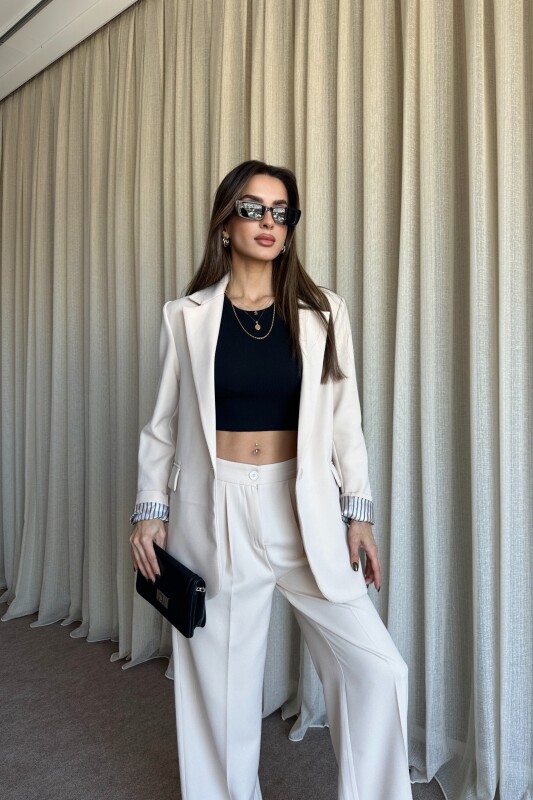 Düğmeli Blazer Ceket Palazzo Pantolon Takım - Bej - 4