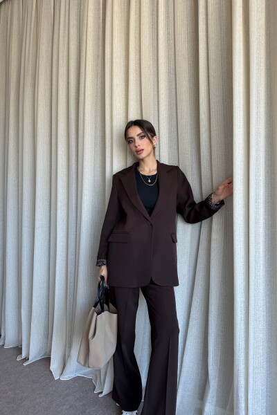 Düğmeli Blazer Ceket Palazzo Pantolon Takım - Kahve - MAT Collection