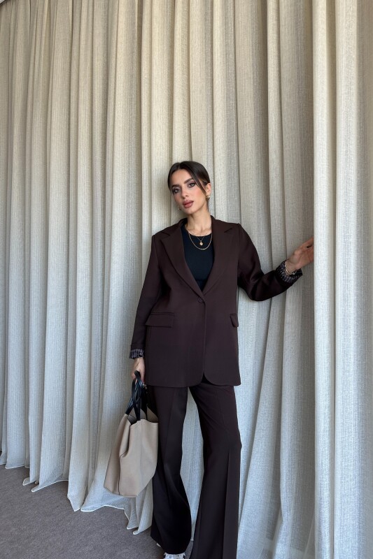 Düğmeli Blazer Ceket Palazzo Pantolon Takım - Kahve - 1