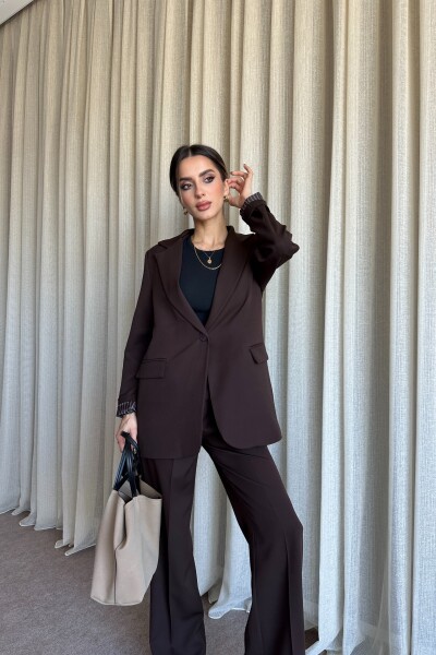 Düğmeli Blazer Ceket Palazzo Pantolon Takım - Kahve - 2