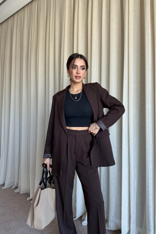 Düğmeli Blazer Ceket Palazzo Pantolon Takım - Kahve - 3