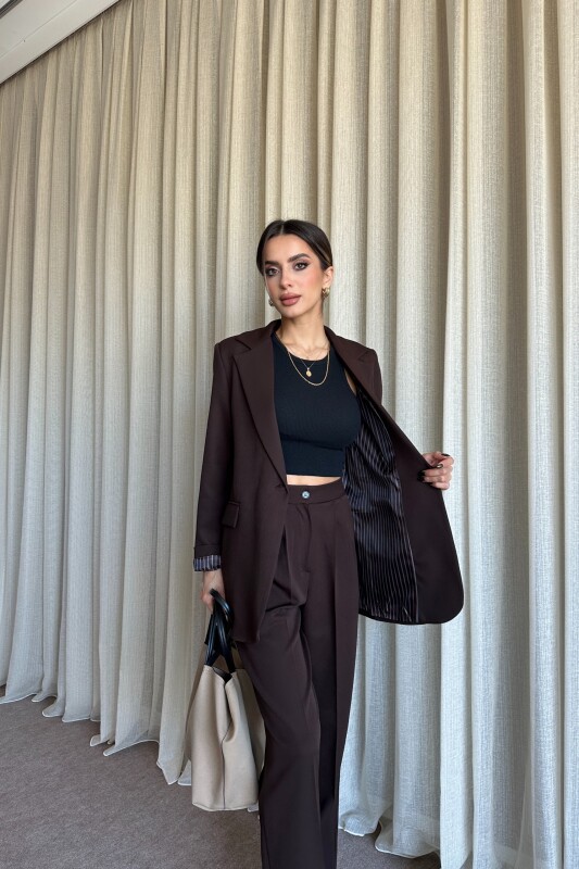 Düğmeli Blazer Ceket Palazzo Pantolon Takım - Kahve - 4