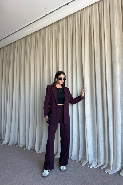 Düğmeli Blazer Ceket Palazzo Pantolon Takım - Mürdüm - MAT Collection