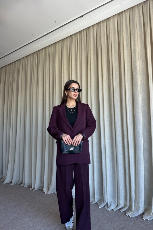 Düğmeli Blazer Ceket Palazzo Pantolon Takım - Mürdüm - 2