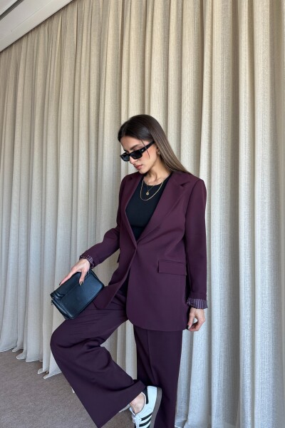 Düğmeli Blazer Ceket Palazzo Pantolon Takım - Mürdüm - 3