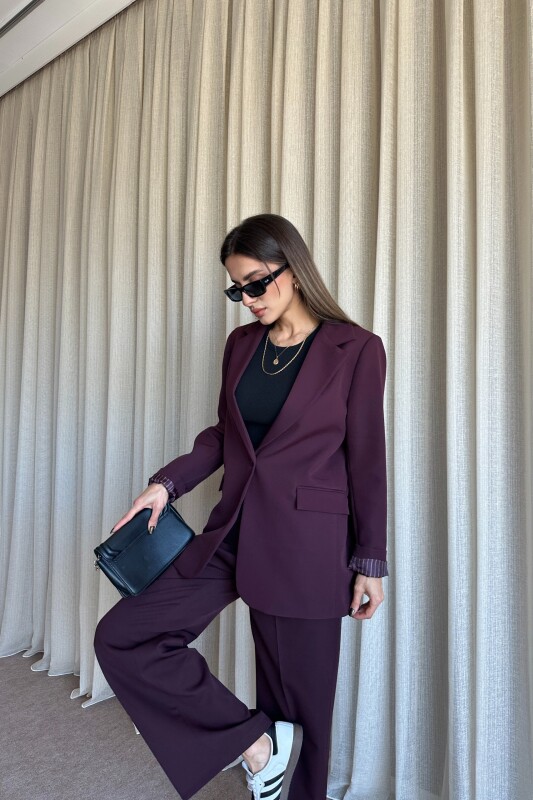 Düğmeli Blazer Ceket Palazzo Pantolon Takım - Mürdüm - 3
