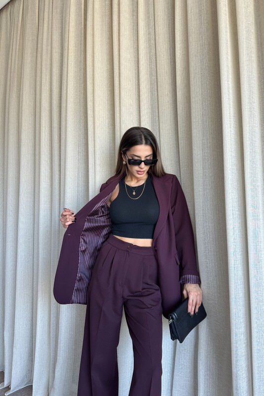 Düğmeli Blazer Ceket Palazzo Pantolon Takım - Mürdüm - 4