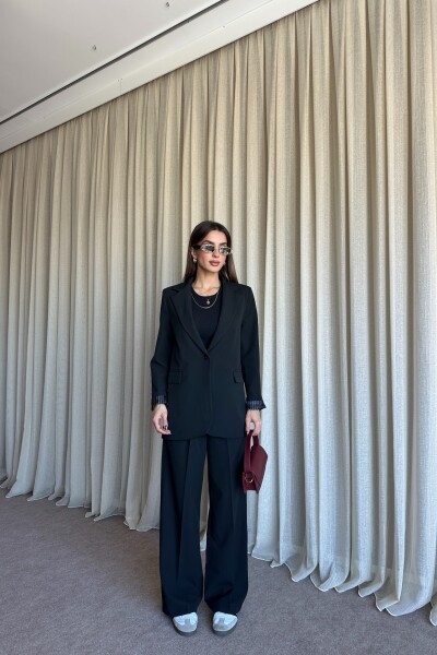 Düğmeli Blazer Ceket Palazzo Pantolon Takım - Siyah - MAT Collection