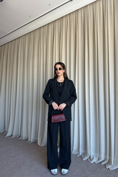 Düğmeli Blazer Ceket Palazzo Pantolon Takım - Siyah - 2