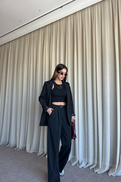 Düğmeli Blazer Ceket Palazzo Pantolon Takım - Siyah - 3