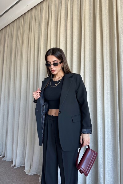 Düğmeli Blazer Ceket Palazzo Pantolon Takım - Siyah - 4