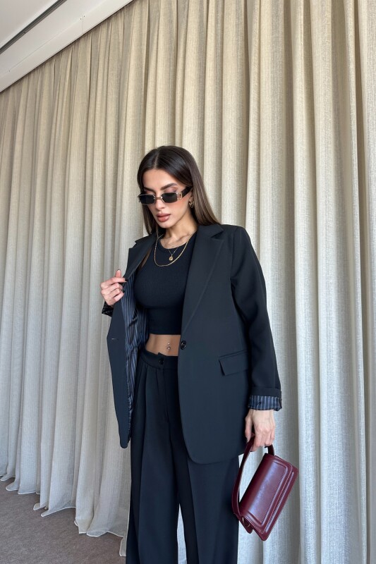 Düğmeli Blazer Ceket Palazzo Pantolon Takım - Siyah - 4