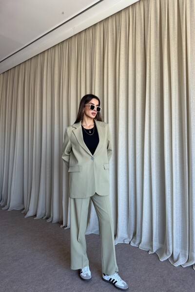 Düğmeli Blazer Ceket Palazzo Pantolon Takım - Yağ Yeşil - MAT Collection