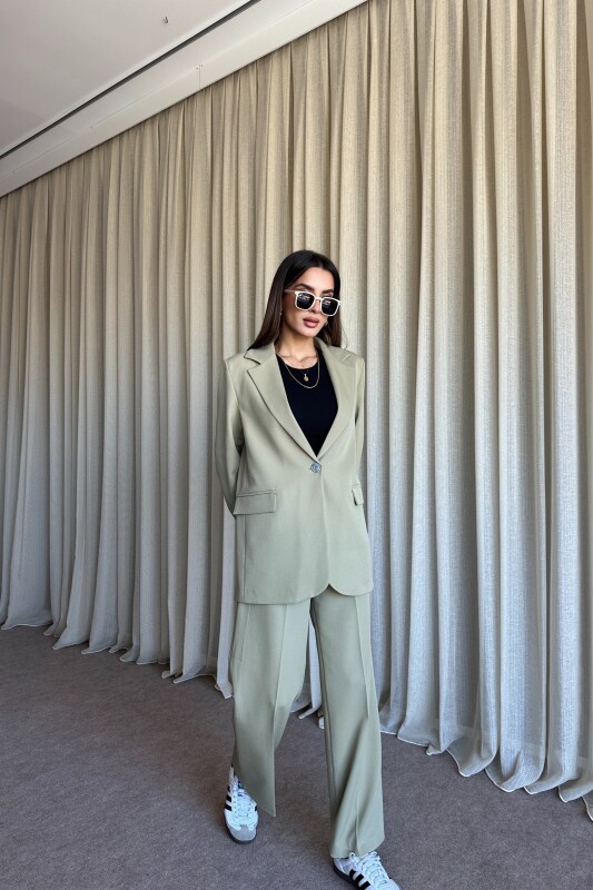 Düğmeli Blazer Ceket Palazzo Pantolon Takım - Yağ Yeşil - 2