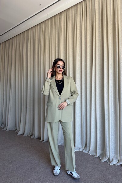 Düğmeli Blazer Ceket Palazzo Pantolon Takım - Yağ Yeşil - 3