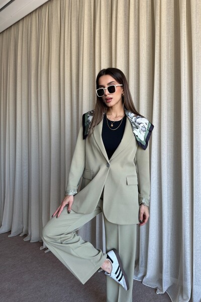 Düğmeli Blazer Ceket Palazzo Pantolon Takım - Yağ Yeşil - 4