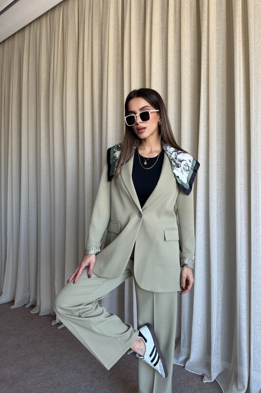 Düğmeli Blazer Ceket Palazzo Pantolon Takım - Yağ Yeşil - 4