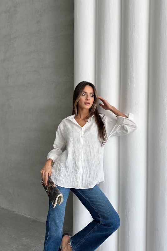 Gofre Kumaş Basic Gömlek - Beyaz - 2