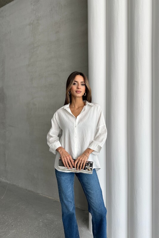 Gofre Kumaş Basic Gömlek - Beyaz - 3