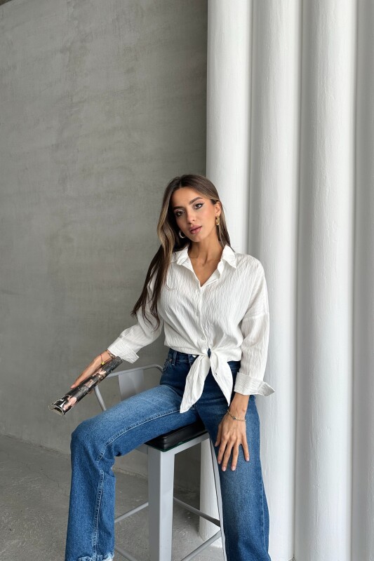 Gofre Kumaş Basic Gömlek - Beyaz - 4