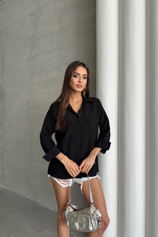 Gofre Kumaş Basic Gömlek - Siyah - 3