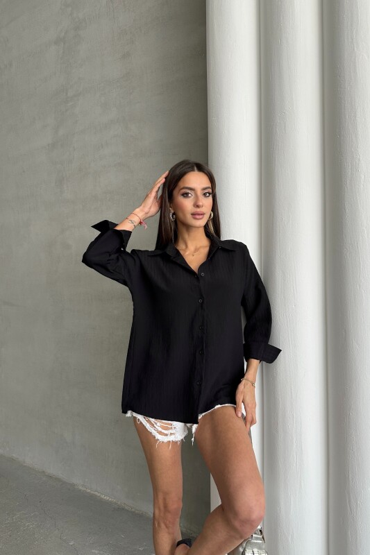 Gofre Kumaş Basic Gömlek - Siyah - 4