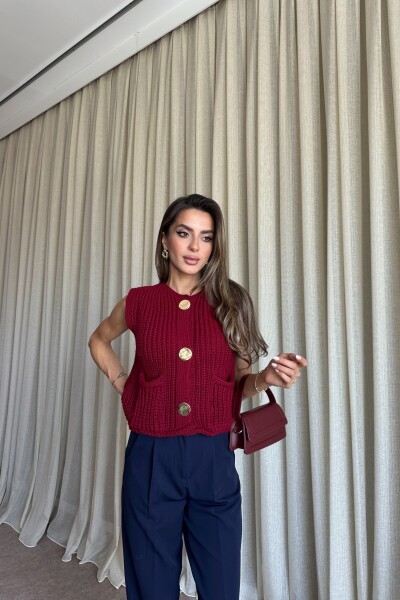 Gold Düğme Detaylı Cepli Triko Yelek - Bordo - 3