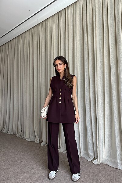 Gold Düğme Detaylı Uzun Yelek Pantolon Takım - Mürdüm - MAT Collection