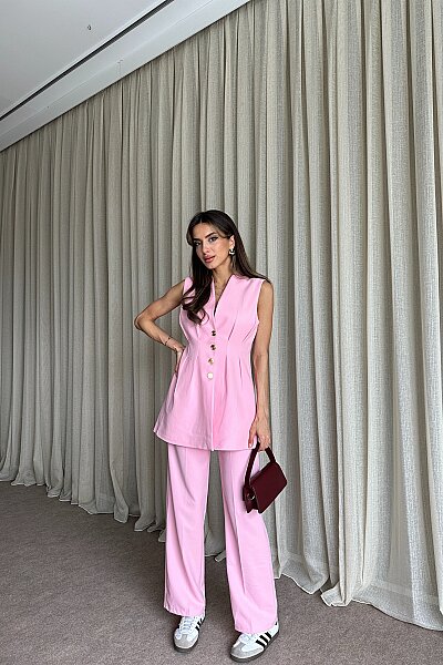 Gold Düğme Detaylı Uzun Yelek Pantolon Takım - Pembe - MAT Collection