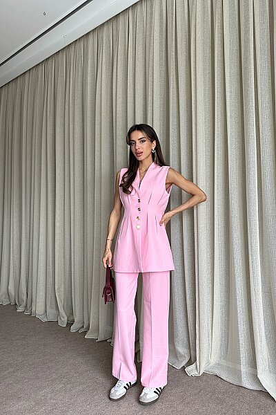 Gold Düğme Detaylı Uzun Yelek Pantolon Takım - Pembe - 2