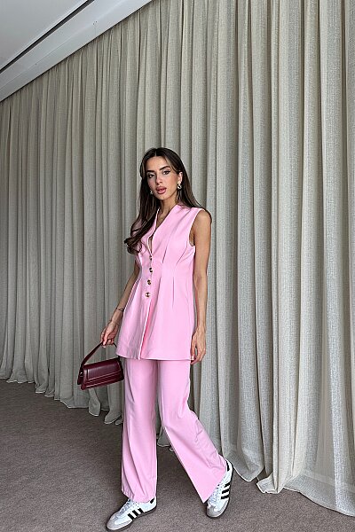 Gold Düğme Detaylı Uzun Yelek Pantolon Takım - Pembe - 3