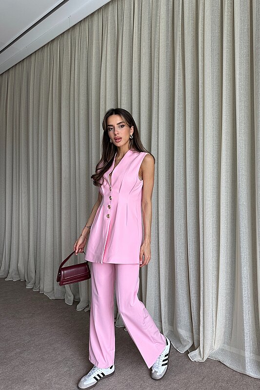 Gold Düğme Detaylı Uzun Yelek Pantolon Takım - Pembe - 3