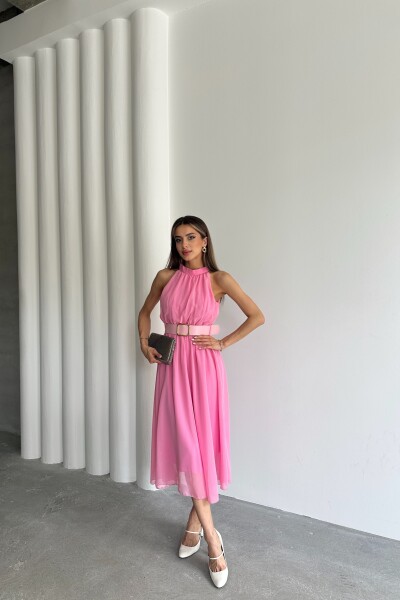 Halter Yaka Astarlı Kemerli Elbise - Pembe - MAT Collection