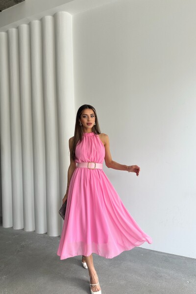 Halter Yaka Astarlı Kemerli Elbise - Pembe - 2