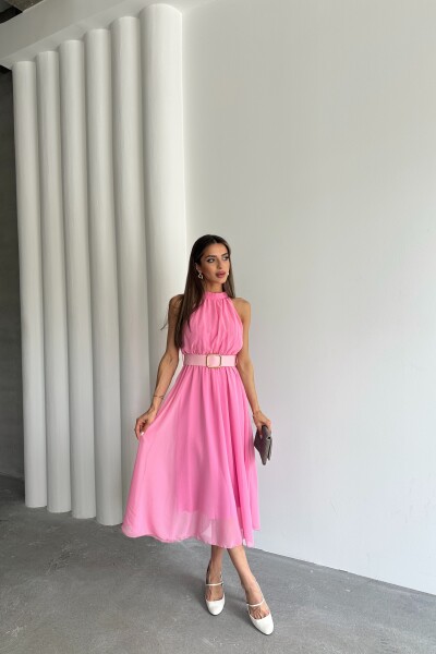 Halter Yaka Astarlı Kemerli Elbise - Pembe - 3