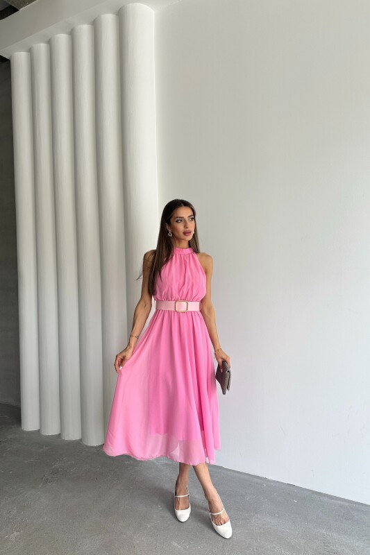 Halter Yaka Astarlı Kemerli Elbise - Pembe - 3